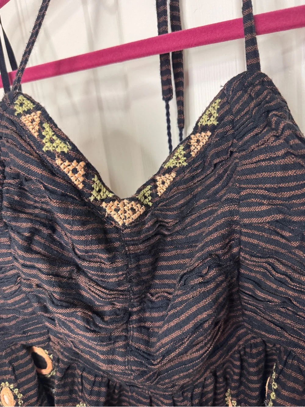 Free People navy and brown Embroidered Backless Halter Peplum Top